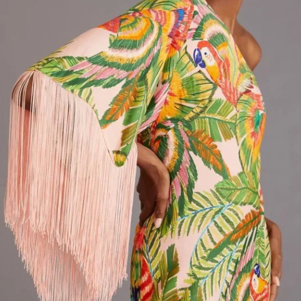 FARM Rio One-Shoulder Tropical Fringe Midi Dress - Green, Pink, Orange, Yellow - Picture 3 of 11